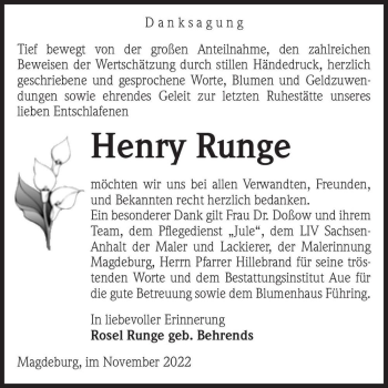 Traueranzeige von Henry Runge  von Magdeburger Volksstimme