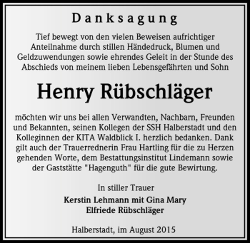 Traueranzeige von Henry Rübschläger  von Magdeburger Volksstimme