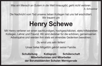 Traueranzeige von Henry Schewe  von Magdeburger Volksstimme