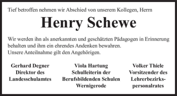 Traueranzeige von Henry Schewe  von Magdeburger Volksstimme