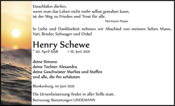 Traueranzeige von Henry Schewe  von Magdeburger Volksstimme