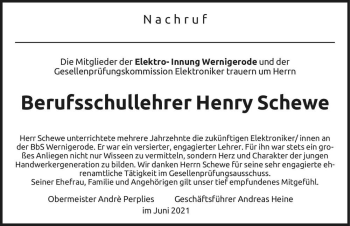 Traueranzeige von Henry Schewe  von Magdeburger Volksstimme