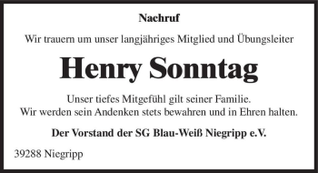 Traueranzeige von Henry Sonntag  von Magdeburger Volksstimme