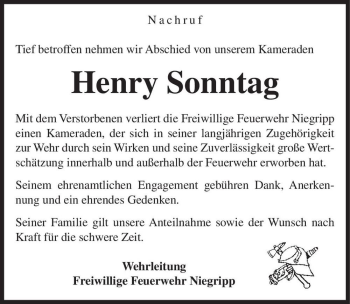 Traueranzeige von Henry Sonntag  von Magdeburger Volksstimme
