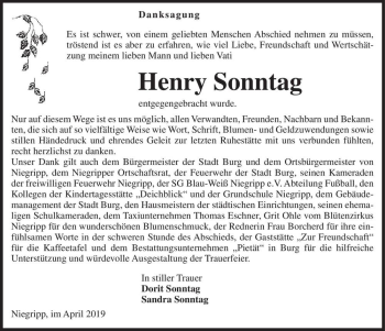 Traueranzeige von Henry Sonntag  von Magdeburger Volksstimme