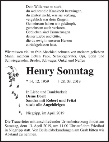 Traueranzeige von Henry Sonntag  von Magdeburger Volksstimme