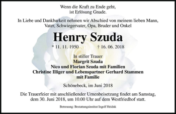 Traueranzeige von Henry Szuda  von Magdeburger Volksstimme