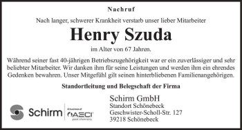 Traueranzeige von Henry Szuda  von Magdeburger Volksstimme