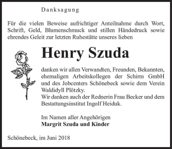 Traueranzeige von Henry Szuda  von Magdeburger Volksstimme
