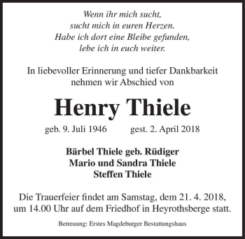 Traueranzeige von Henry Thiele  von Magdeburger Volksstimme