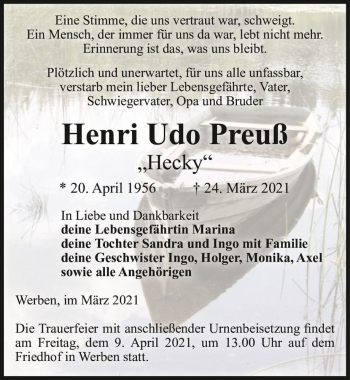 Traueranzeige von Henry Udo Preuß 