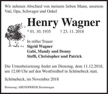 Traueranzeige von Henry Wagner  von Magdeburger Volksstimme