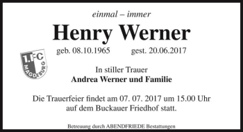 Traueranzeige von Henry Werner  von Magdeburger Volksstimme