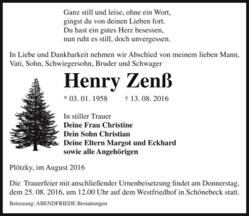 Traueranzeige von Henry Zenß  von Magdeburger Volksstimme