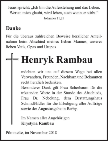 Traueranzeige von Henryk Rambau  von Magdeburger Volksstimme