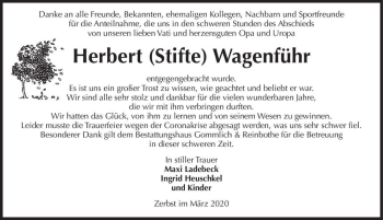 Traueranzeige von Herbert (Stifte) Wagenführ  von Magdeburger Volksstimme