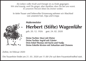 Traueranzeige von Herbert (Stifte) Wagenführ  von Magdeburger Volksstimme