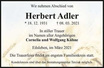 Traueranzeige von Herbert Adler  von Magdeburger Volksstimme