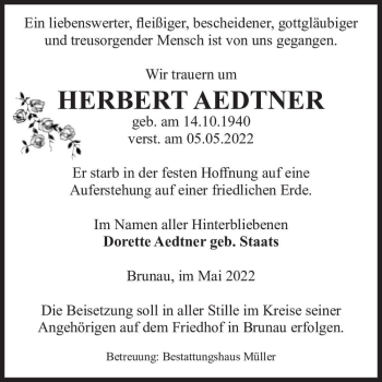 Traueranzeige von Herbert Aedtner  von Magdeburger Volksstimme