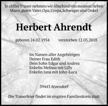 Traueranzeige von Herbert Ahrendt  von Magdeburger Volksstimme