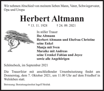 Traueranzeige von Herbert Altmann  von Magdeburger Volksstimme