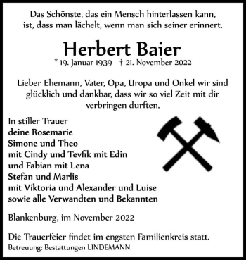 Traueranzeige von Herbert Baier  von Magdeburger Volksstimme