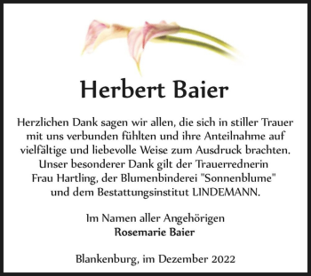 Traueranzeige von Herbert Baier  von Magdeburger Volksstimme