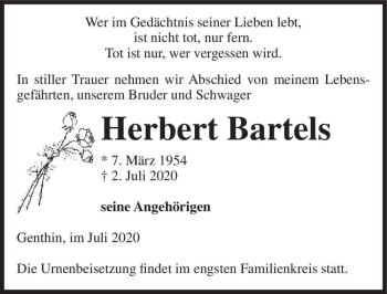 Traueranzeige von Herbert Bartels  von Magdeburger Volksstimme