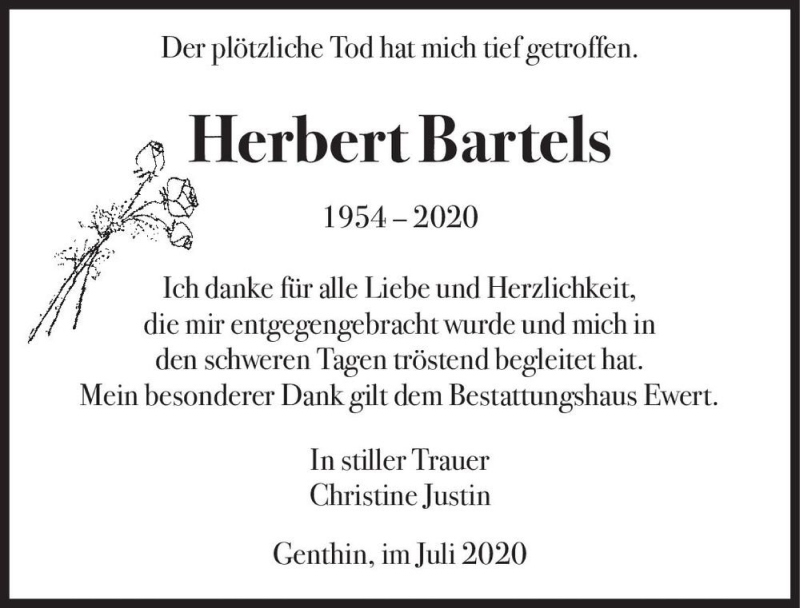  Traueranzeige für Herbert Bartels  vom 01.08.2020 aus Magdeburger Volksstimme