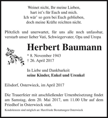 Traueranzeige von Herbert Baumann  von Magdeburger Volksstimme