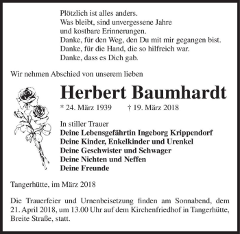 Traueranzeige von Herbert Baumhardt  von Magdeburger Volksstimme