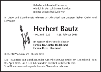 Traueranzeige von Herbert Bautz  von Magdeburger Volksstimme