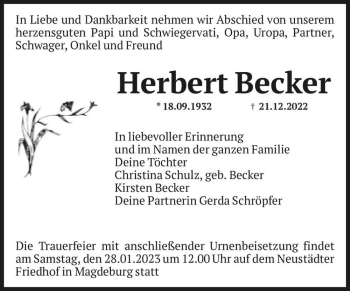 Traueranzeige von Herbert Becker  von Magdeburger Volksstimme