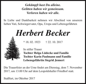 Traueranzeige von Herbert Becker  von Magdeburger Volksstimme