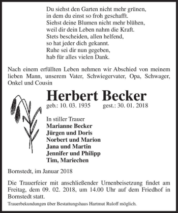 Traueranzeige von Herbert Becker  von Magdeburger Volksstimme
