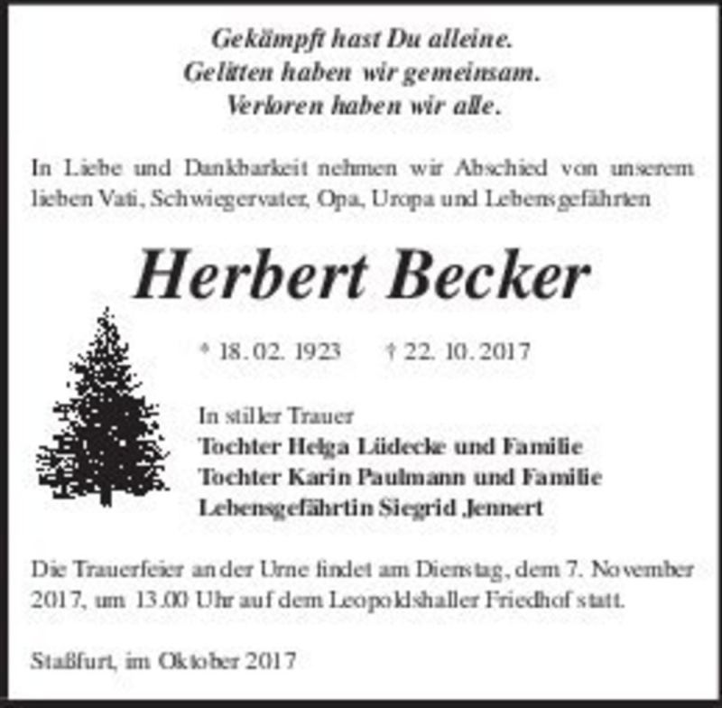  Traueranzeige für Herbert Becker  vom 28.10.2017 aus Magdeburger Volksstimme
