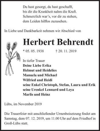 Traueranzeige von Herbert Behrendt  von Magdeburger Volksstimme