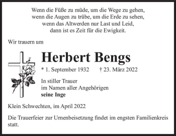 Traueranzeige von Herbert Bengs  von Magdeburger Volksstimme