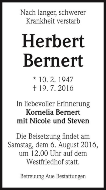 Traueranzeige von Herbert Bernert  von Magdeburger Volksstimme