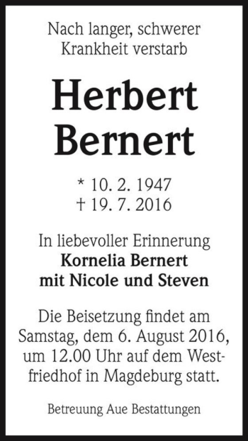 Traueranzeige von Herbert Bernert  von Magdeburger Volksstimme