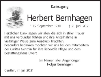 Traueranzeige von Herbert Bernhagen  von Magdeburger Volksstimme