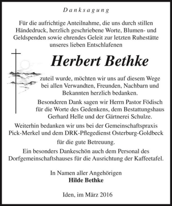 Traueranzeige von Herbert Bethke  von Magdeburger Volksstimme