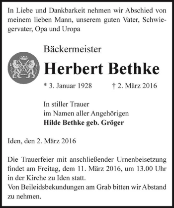 Traueranzeige von Herbert Bethke  von Magdeburger Volksstimme