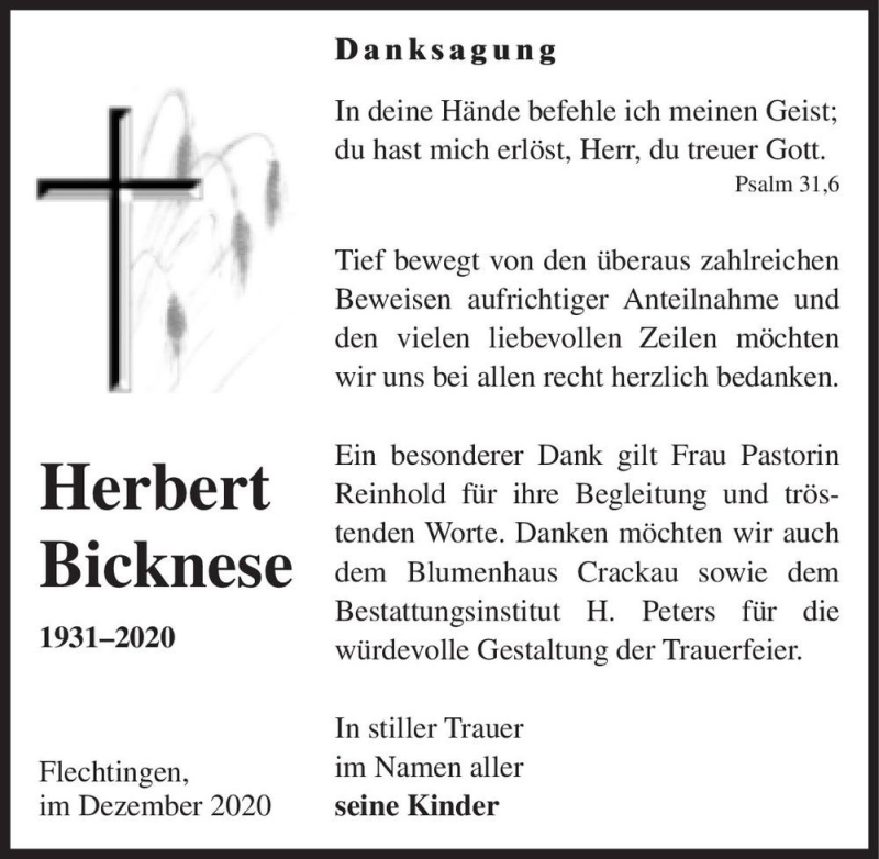  Traueranzeige für Herbert Bicknese  vom 16.12.2020 aus Magdeburger Volksstimme