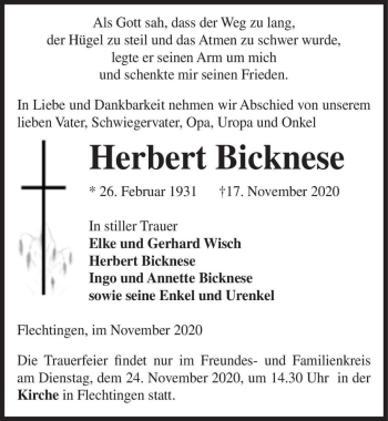Traueranzeige von Herbert Bicknese  von Magdeburger Volksstimme