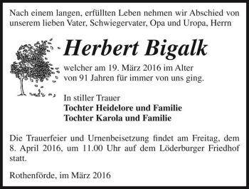 Traueranzeige von Herbert Bigalk  von Magdeburger Volksstimme