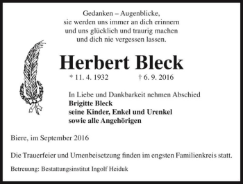 Traueranzeige von Herbert Bleck  von Magdeburger Volksstimme