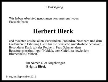 Traueranzeige von Herbert Bleck  von Magdeburger Volksstimme