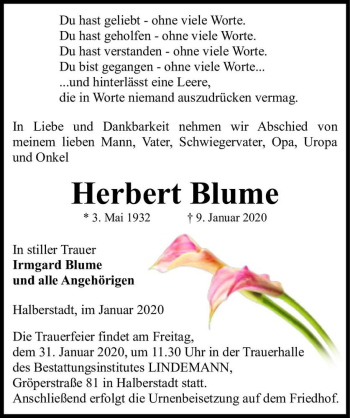 Traueranzeige von Herbert Blume  von Magdeburger Volksstimme