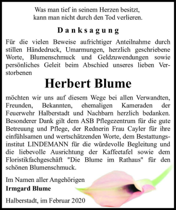 Traueranzeige von Herbert Blume  von Magdeburger Volksstimme